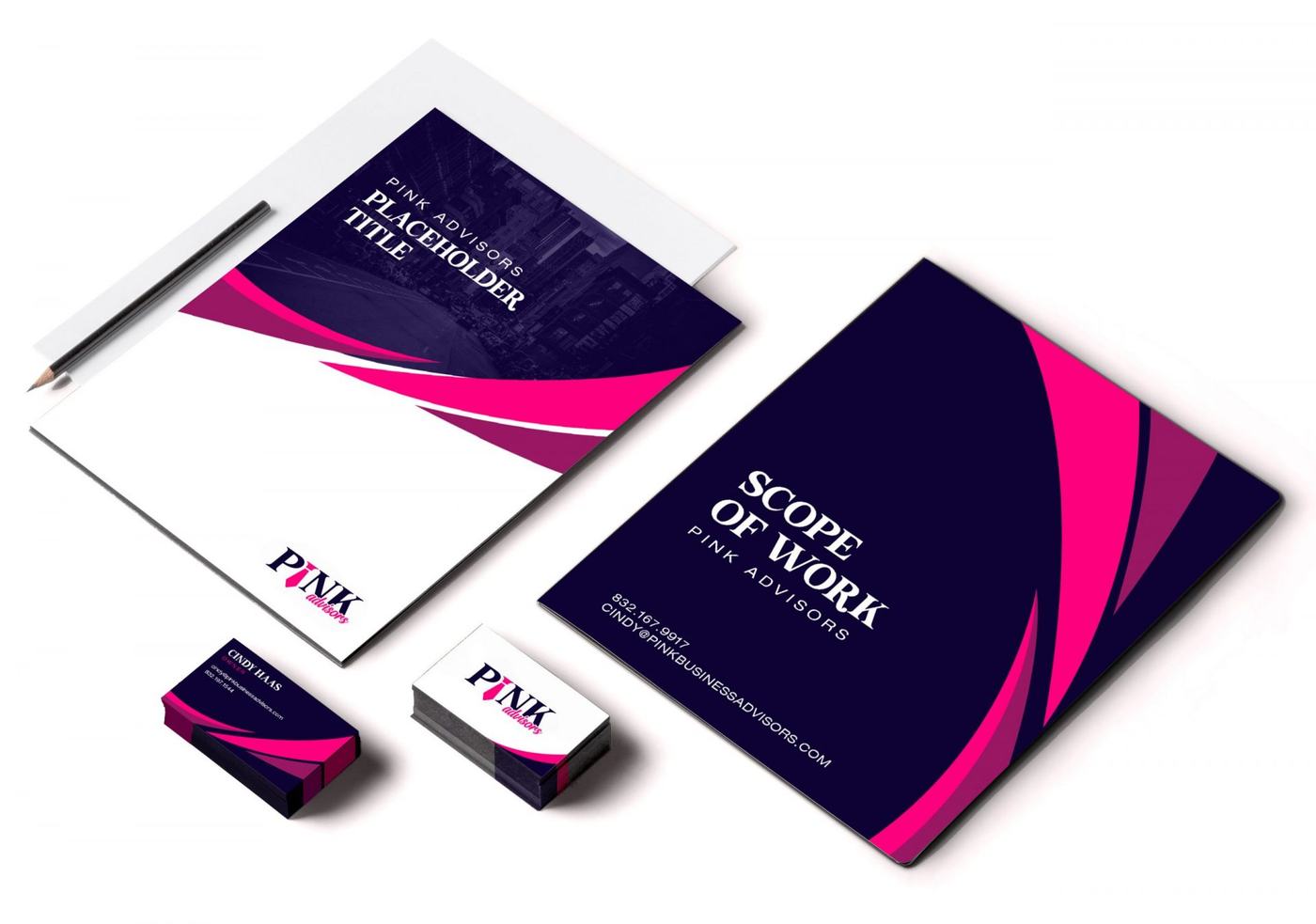 Pink Business Advisors brand applied to print and collateral