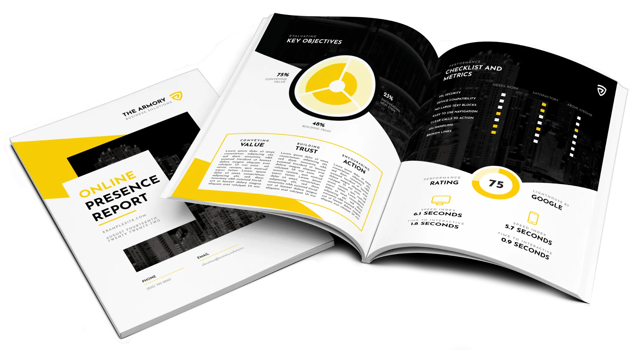 Armory online presence report booklet showing example assessments, checklists, and performance metrics