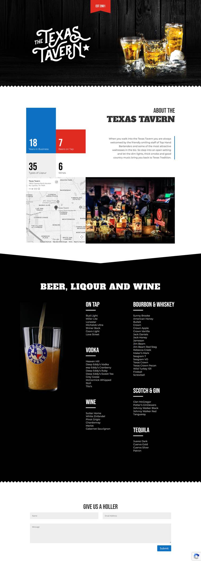 Desktop capture of the The Texas Tavern website